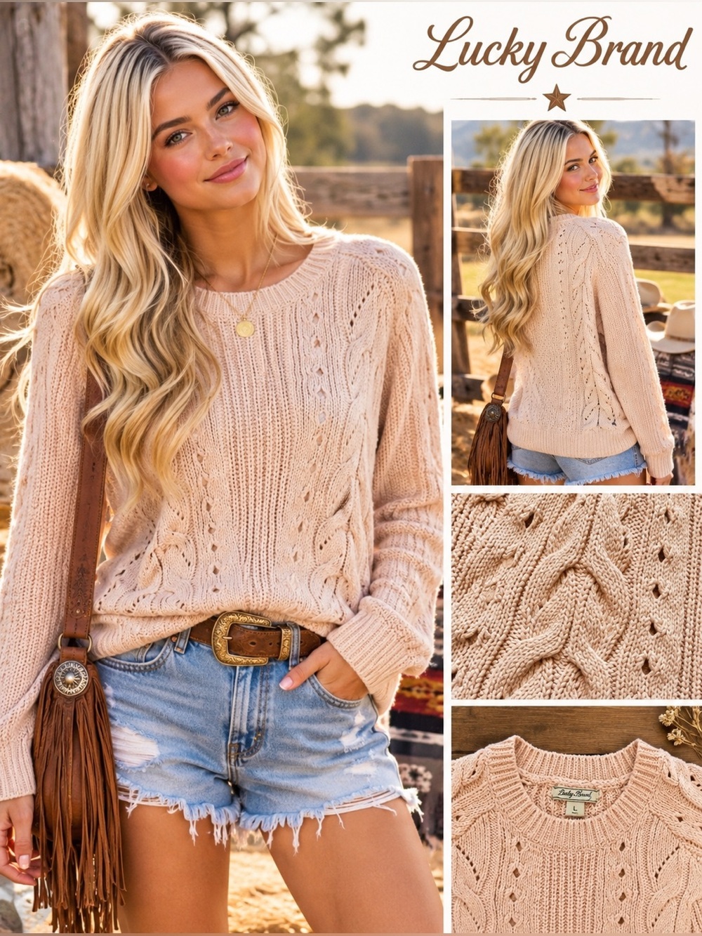 Lucky Brand Women's Blush Cable Knit Sweater Pointelle Cotton Wool Blend